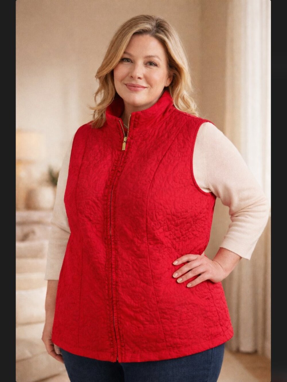 Charter Club Quilted Vest 3X Red Floral Zip Mock Neck Holiday Rosette Layering